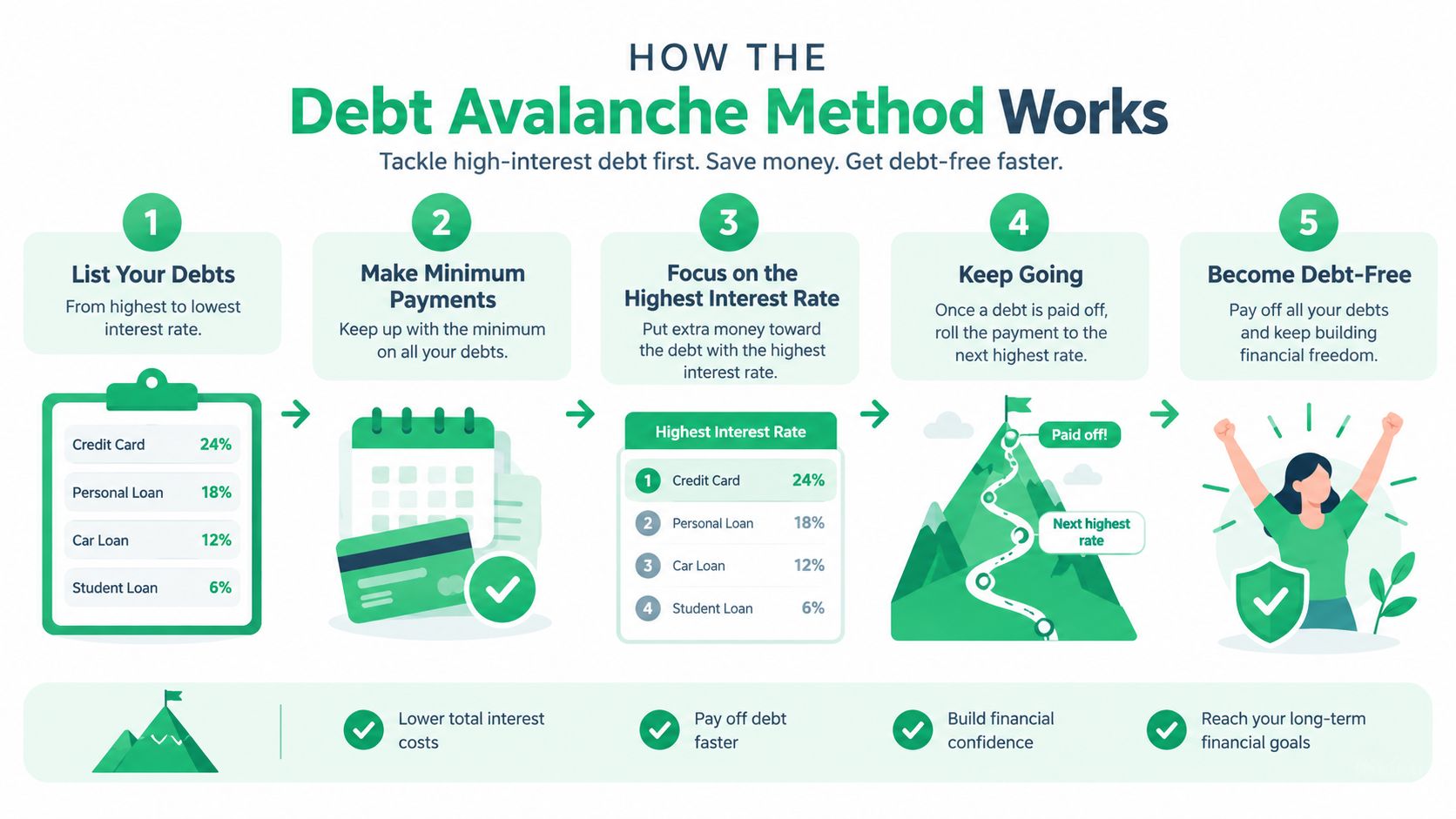 An infographic illustrating the five steps of the debt avalanche method to pay off loans faster.