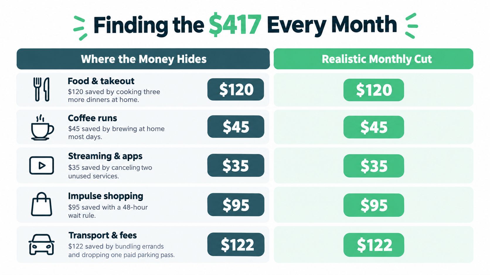 A chart showing tips to save four hundred seventeen dollars per month through lifestyle spending adjustments.