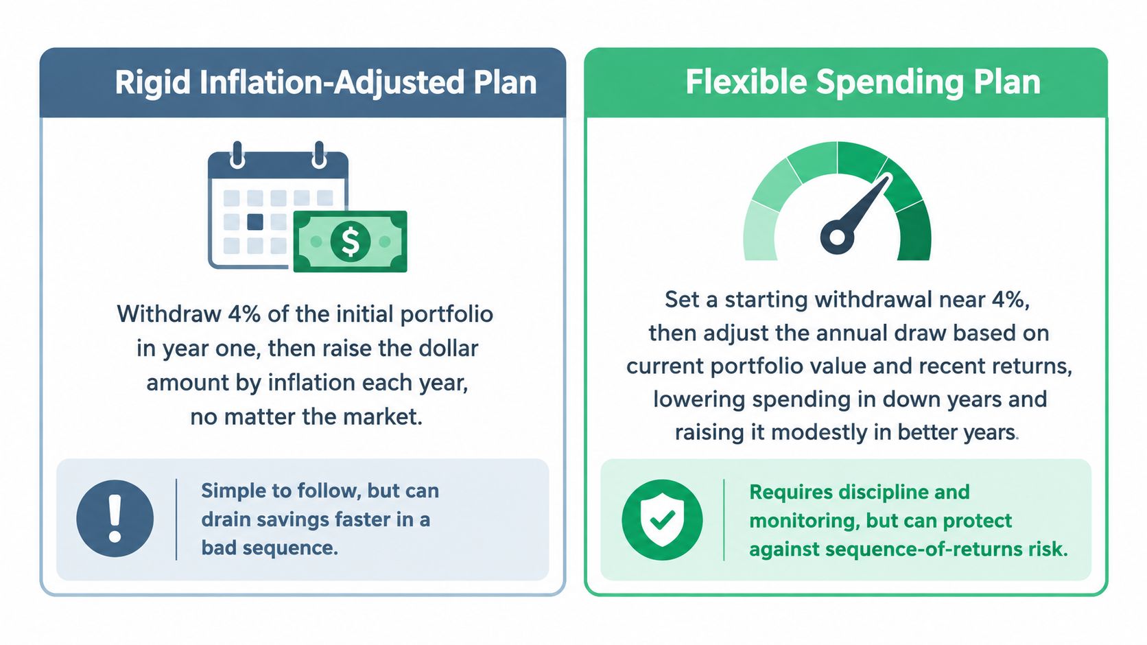 A comparison chart showing the Rigid Inflation-Adjusted Plan versus the Flexible Spending Plan for retirement withdrawals.