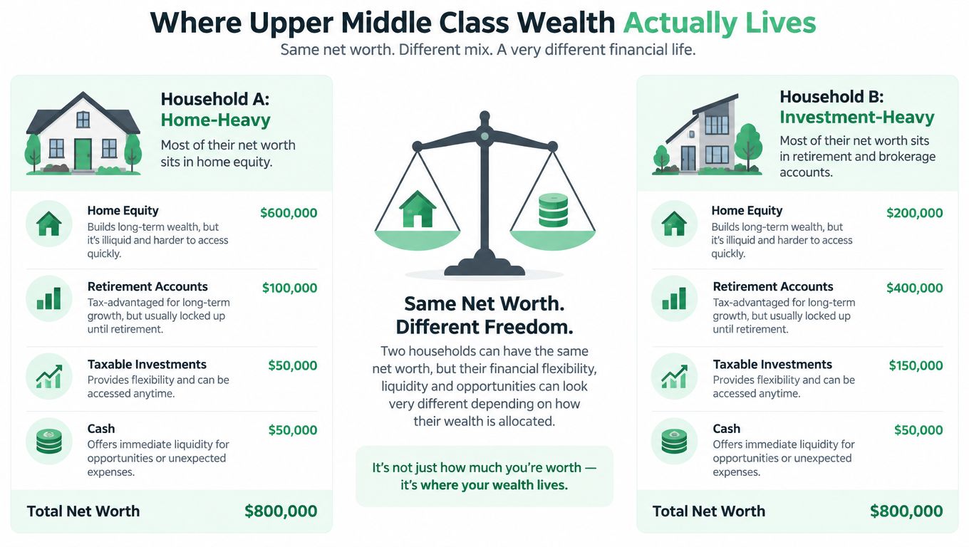 A comparison infographic showing how different asset allocations impact the liquidity and freedom of upper middle class wealth.