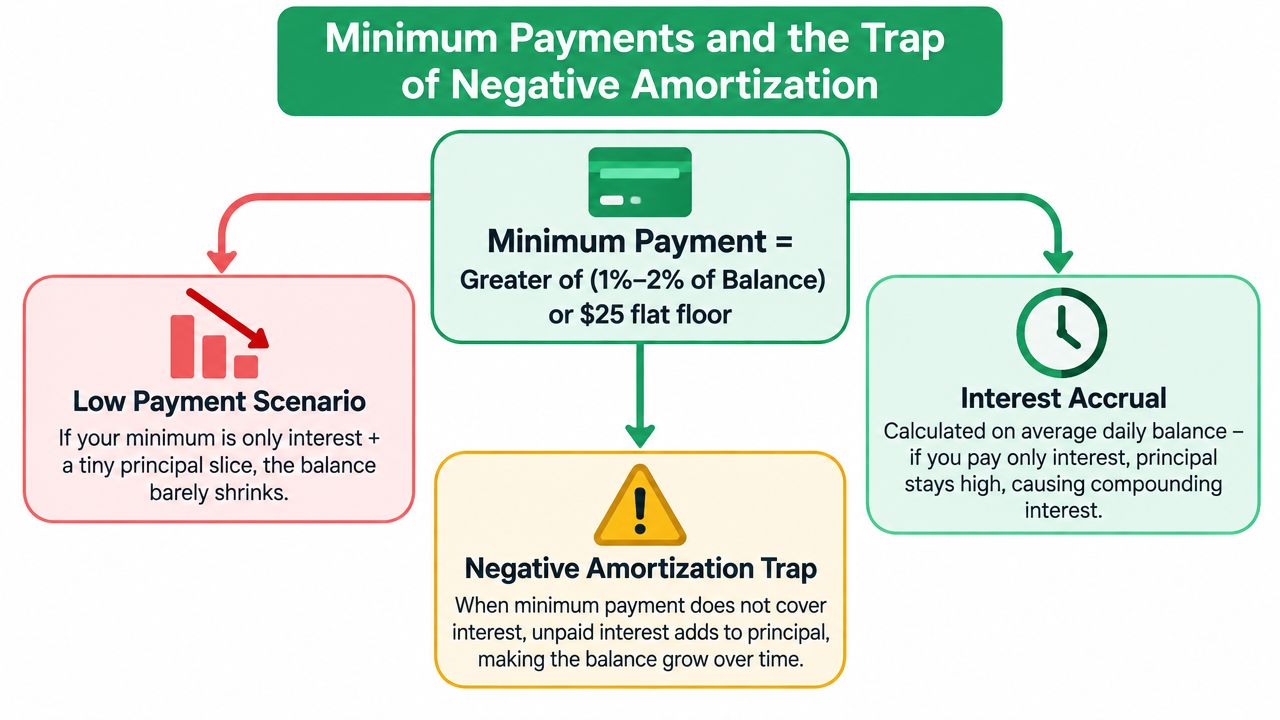 A diagram illustrating how minimum credit card payments can lead to a negative amortization financial trap.