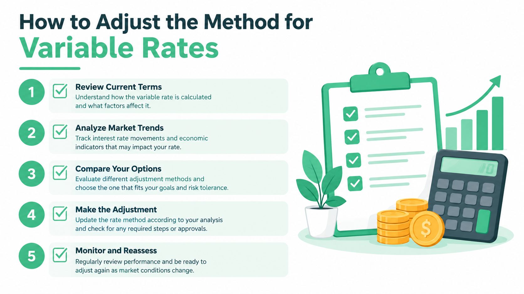 A five-step guide on how to adjust variable interest rates with a clipboard, calculator, and coins.