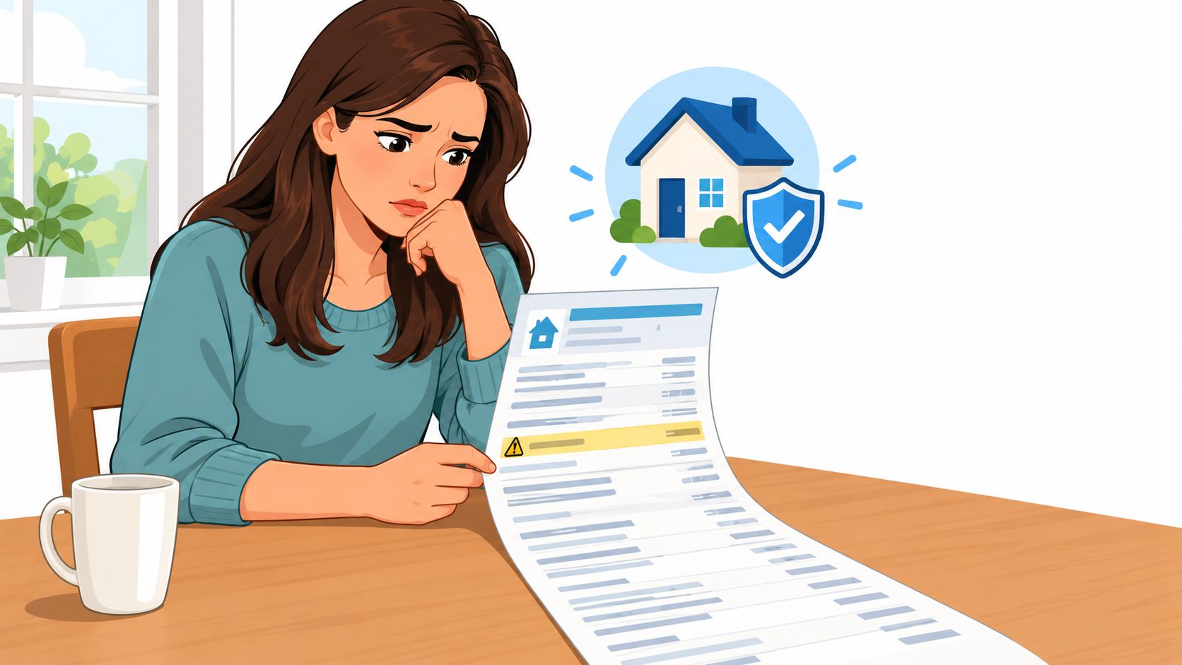 A concerned woman looks at a long bill or document related to her home insurance policy.