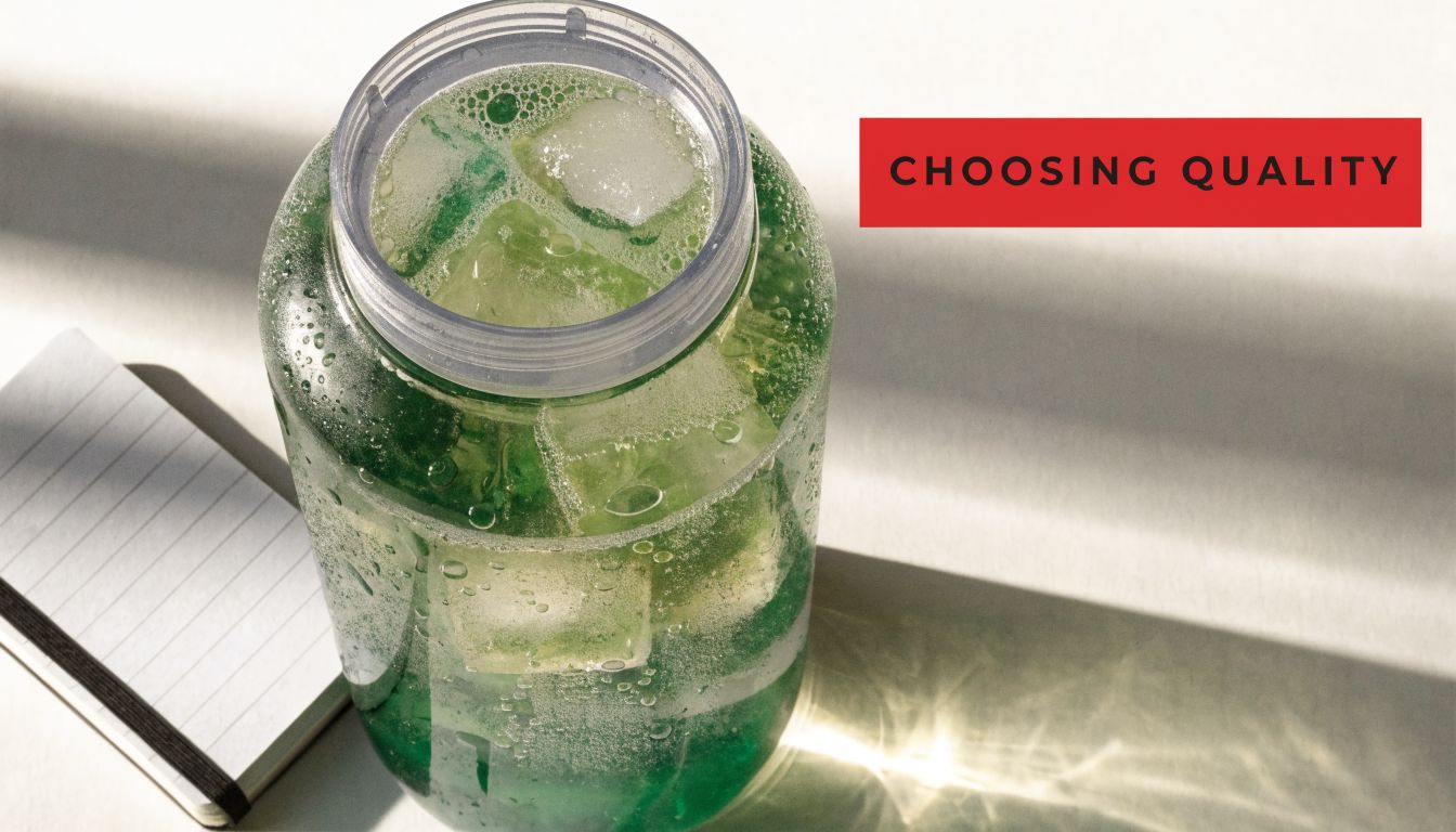 A clear plastic bottle filled with a green sports drink and ice cubes sitting near a notebook.