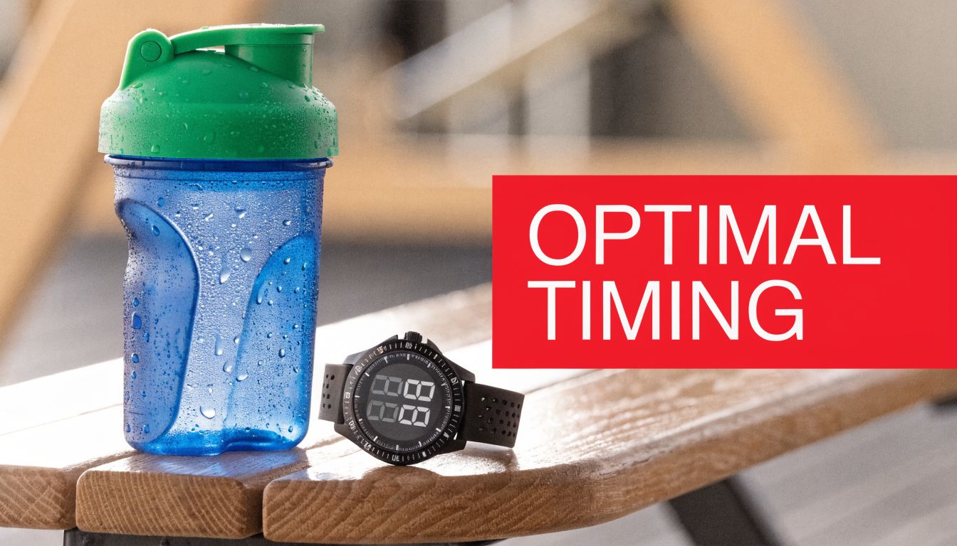 A blue shaker bottle and a digital wristwatch sitting on a wooden bench with text overlay.