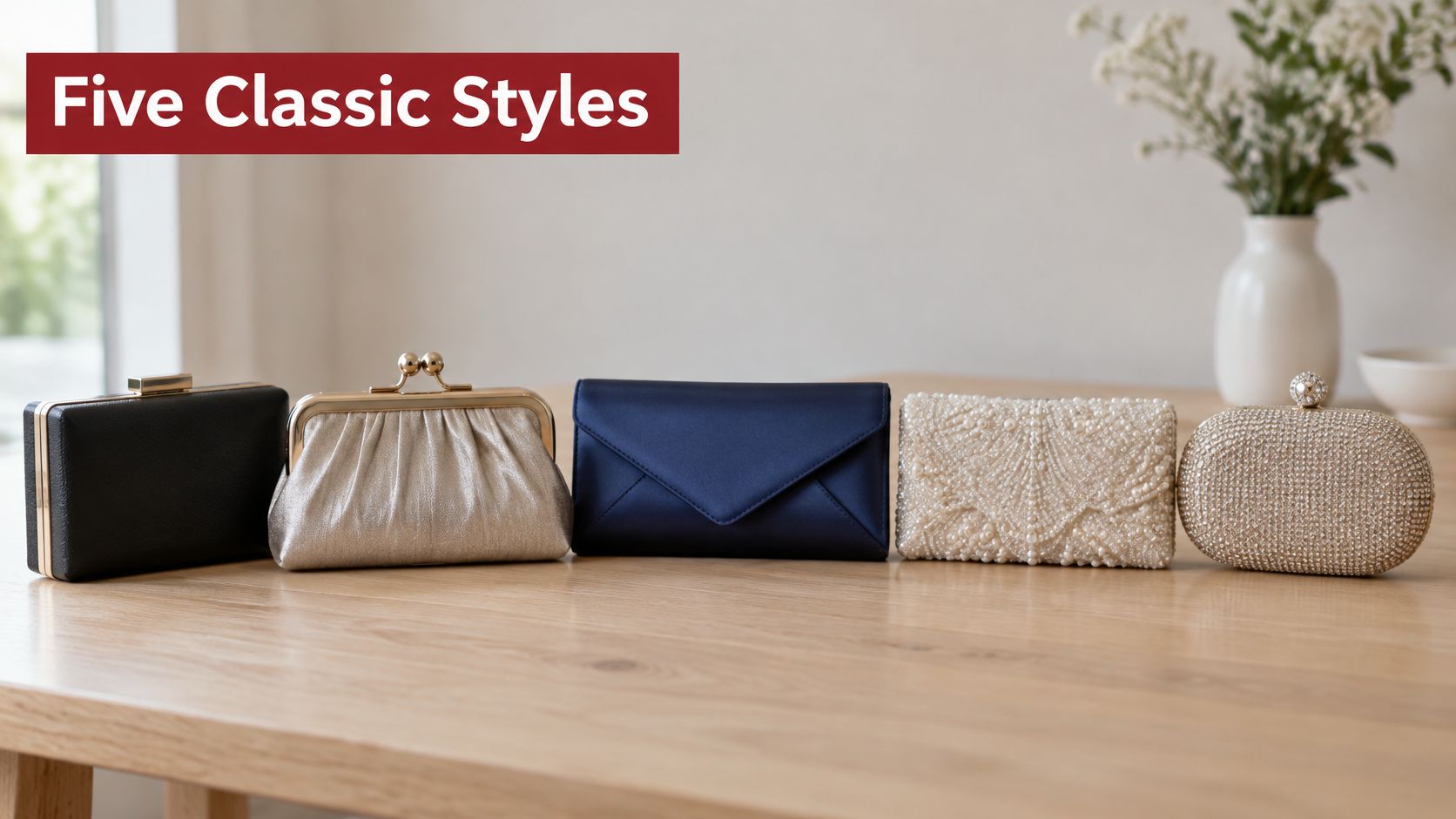 A row of five different classic evening clutch bags displayed on a wooden table for a formal event.