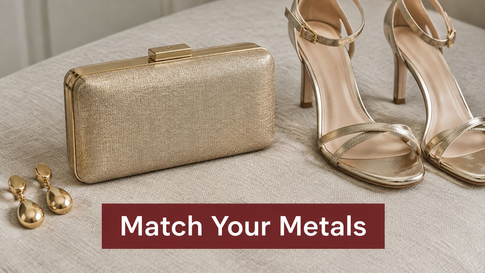 A golden evening clutch bag, matching metallic high-heeled sandals, and gold earrings set on a textured surface.
