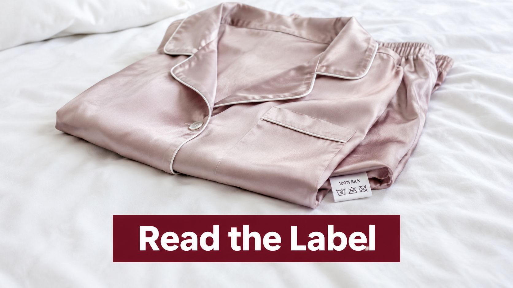 A pair of light pink silk pajamas folded neatly on white bed sheets with a care label visible.