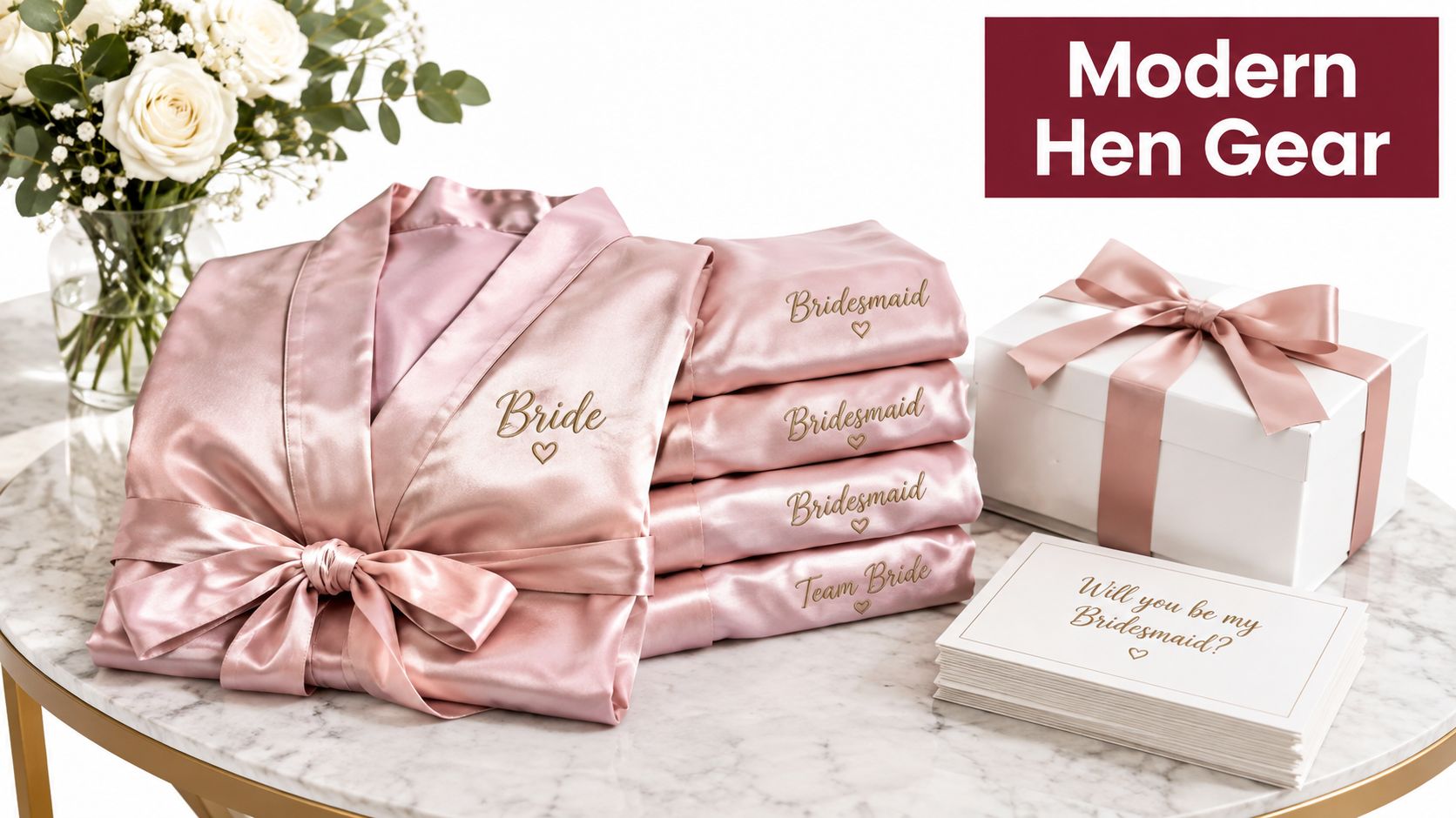 A stack of pink silk robes for a bridal party next to a gift box and cards.