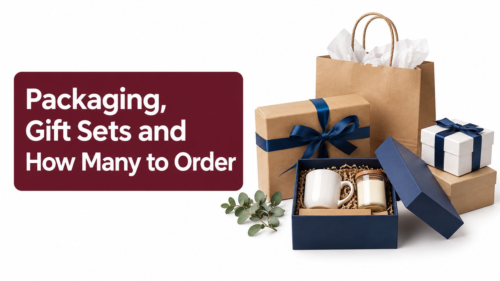 A selection of beautiful gift boxes and a paper shopping bag containing mugs and candles.