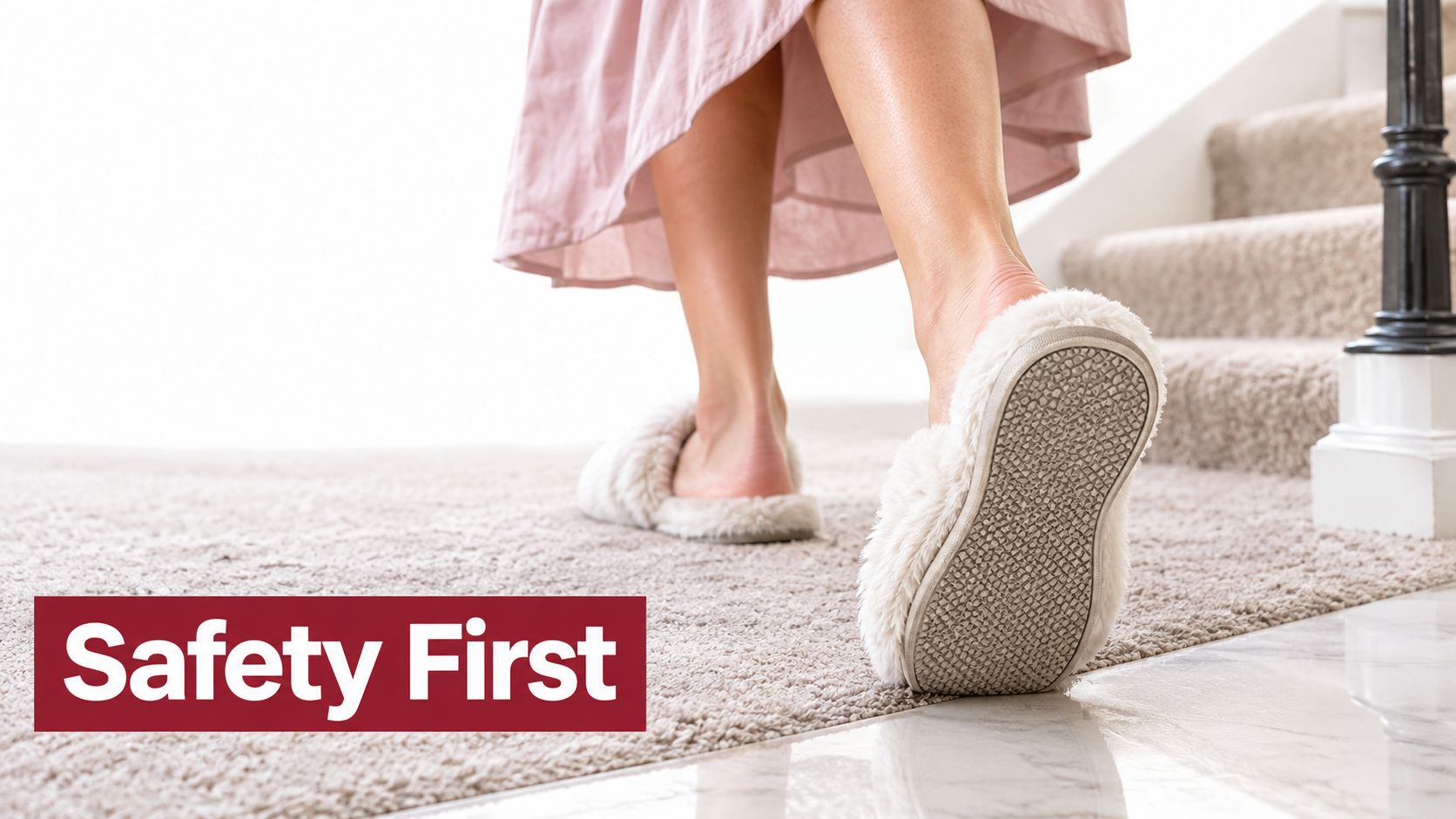 A person wearing soft fluffy slippers walking on a carpeted floor next to a staircase.