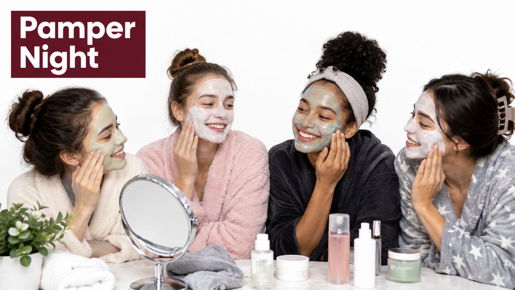 Four happy young women wearing face masks and robes enjoy a relaxing pamper night during a sleepover.