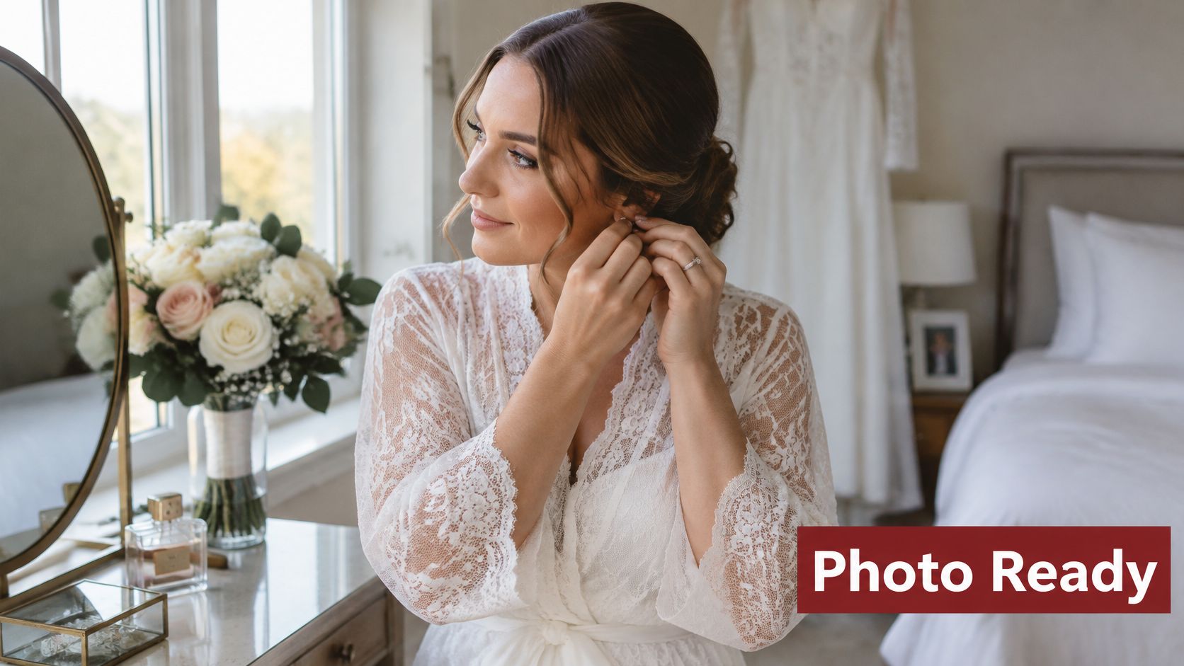 A beautiful bride in a white lace robe putting on her earrings while looking out a window.