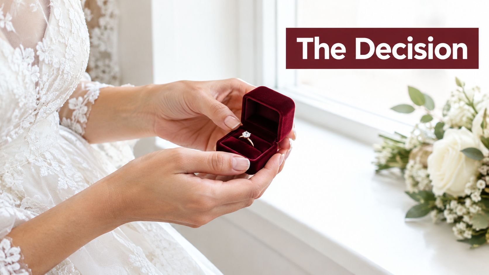 A bride in a white lace dress holding a small red ring box with a diamond ring.