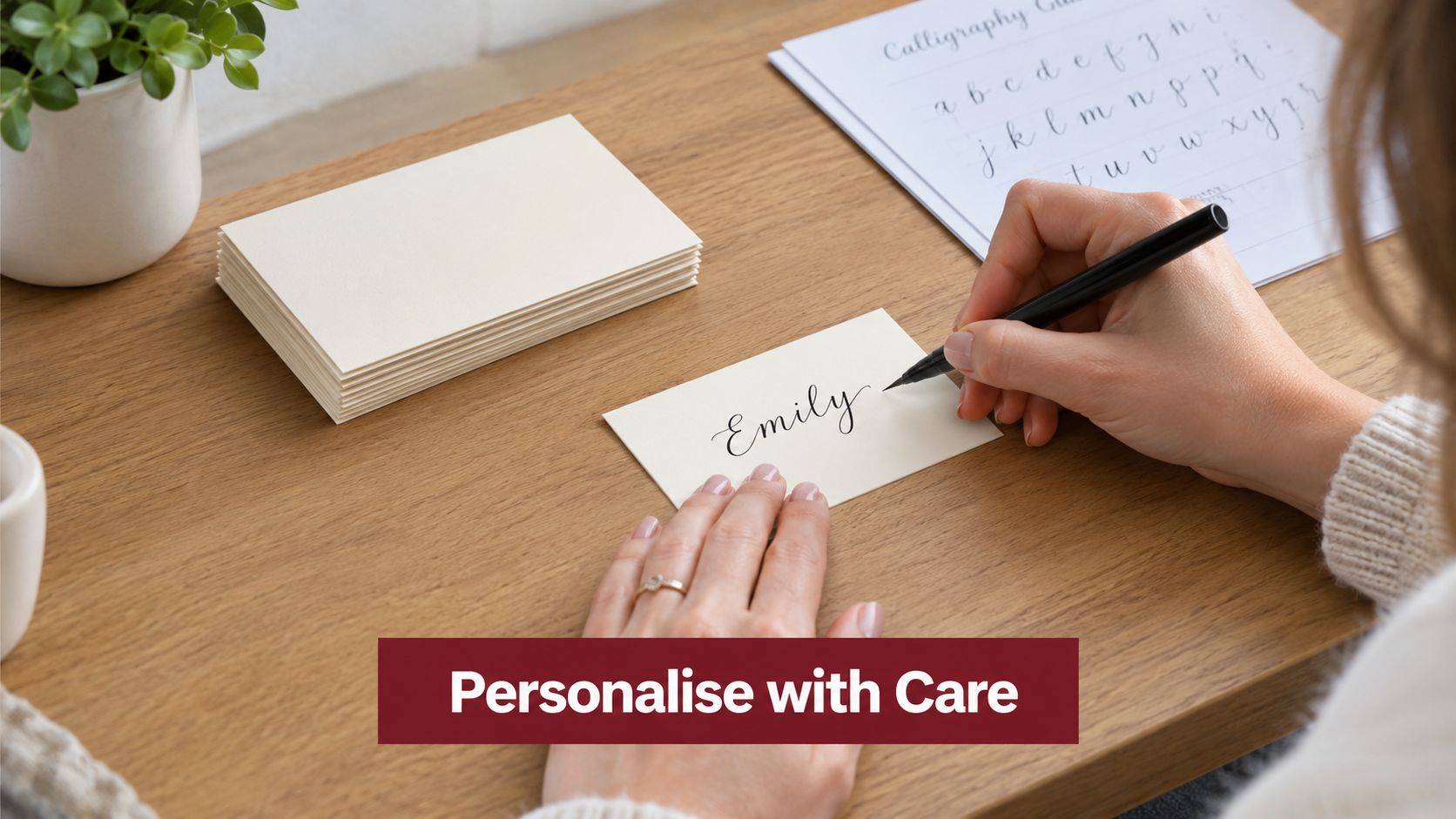 A person hand-lettering the name Emily on a small cream-colored card using a black calligraphy pen.