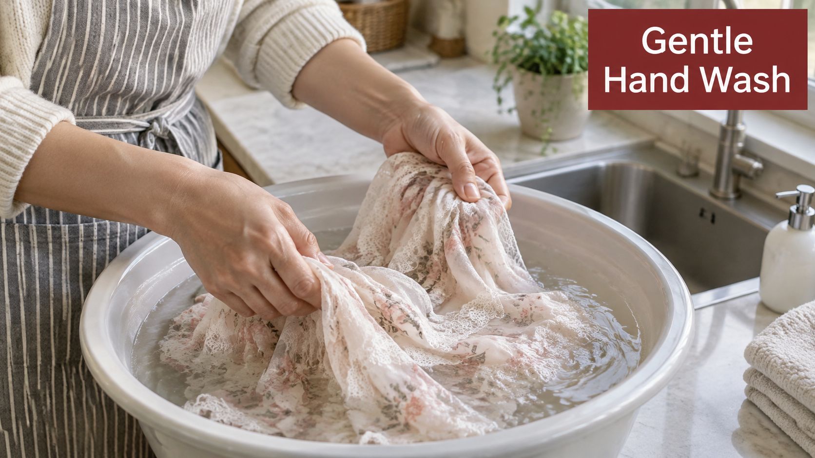 A person gently hand washes a delicate floral lace robe in a large basin of soapy water.