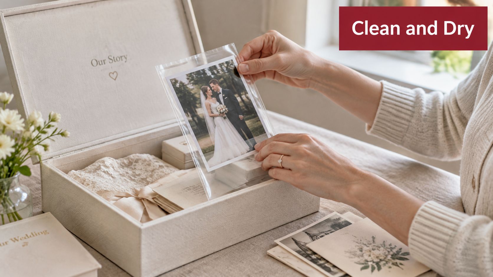 A person organizing a wedding memory box containing photos, letters, and delicate lace keepsakes on a table.
