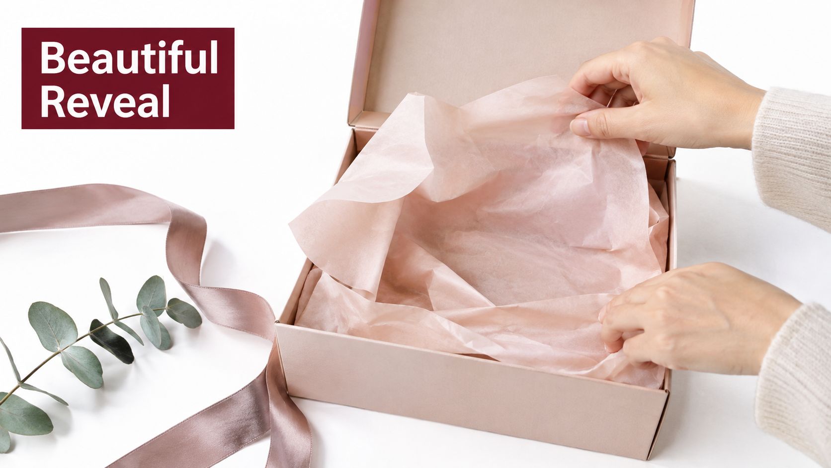 A person delicately opens a pink bridesmaid proposal box lined with soft pink tissue paper.