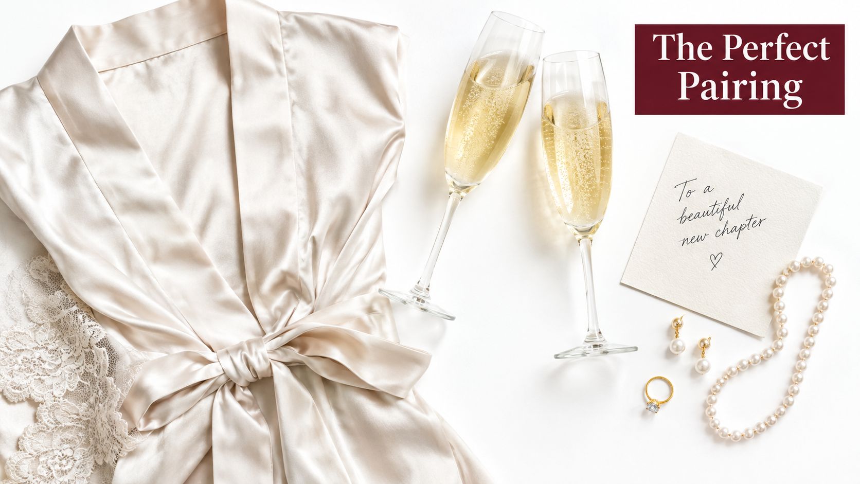 A luxurious bridal flatlay featuring a satin robe, champagne flutes, pearl necklace, earrings, ring, and a note.