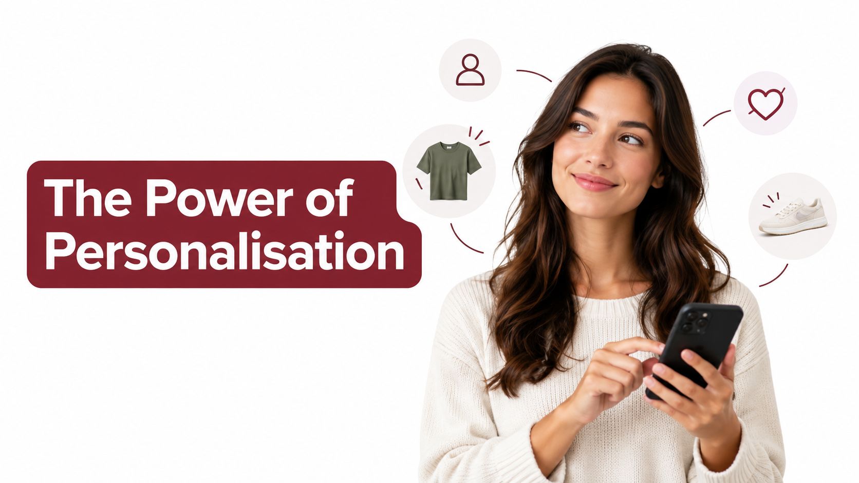A smiling woman looks at a smartphone screen surrounded by icons representing personalized shopping and lifestyle choices.