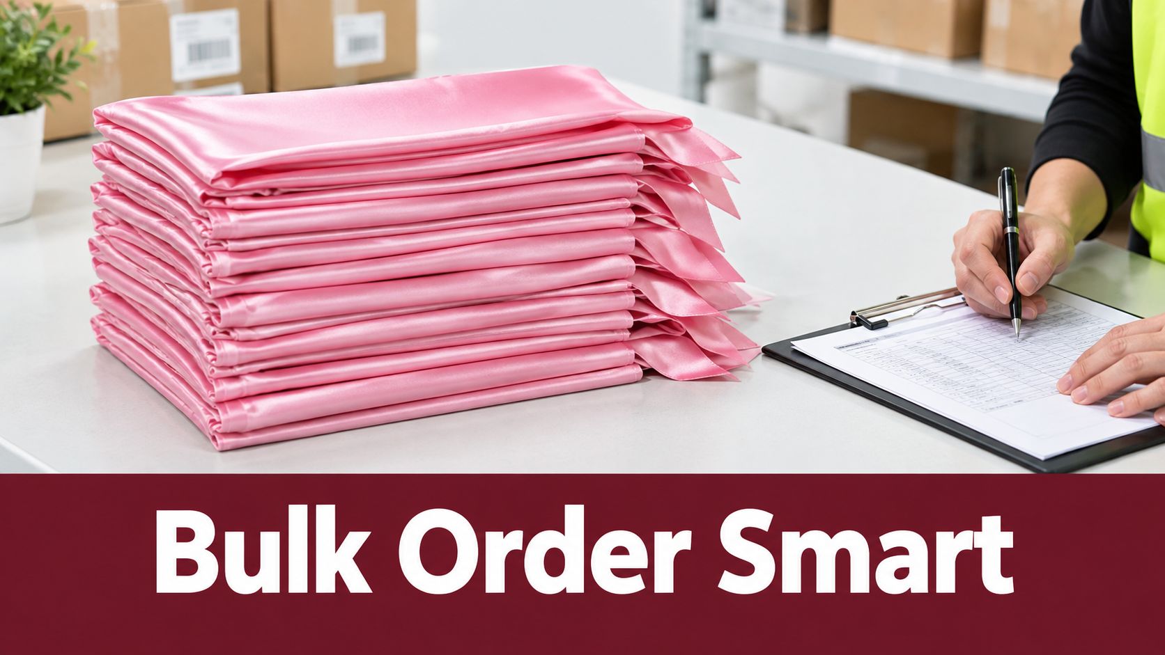 A person organizing a neat stack of pink satin sashes on a table while checking a clipboard.