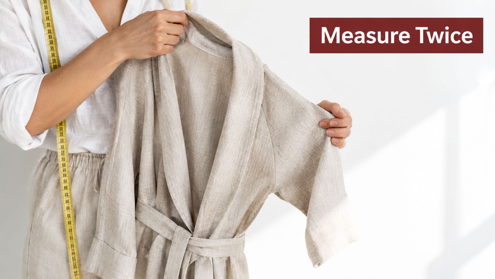 A woman holding a beige linen robe with a yellow measuring tape draped around her neck.
