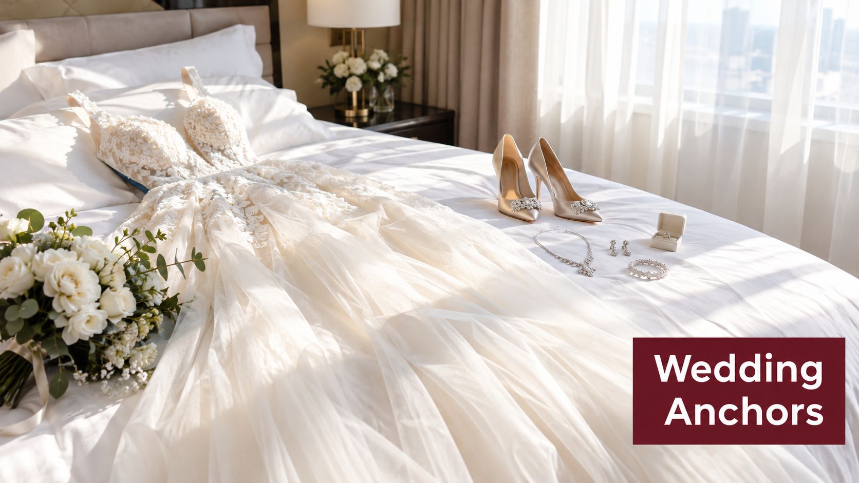 A beautiful white wedding dress, bridal shoes, jewelry, and a floral bouquet displayed on a hotel bed.
