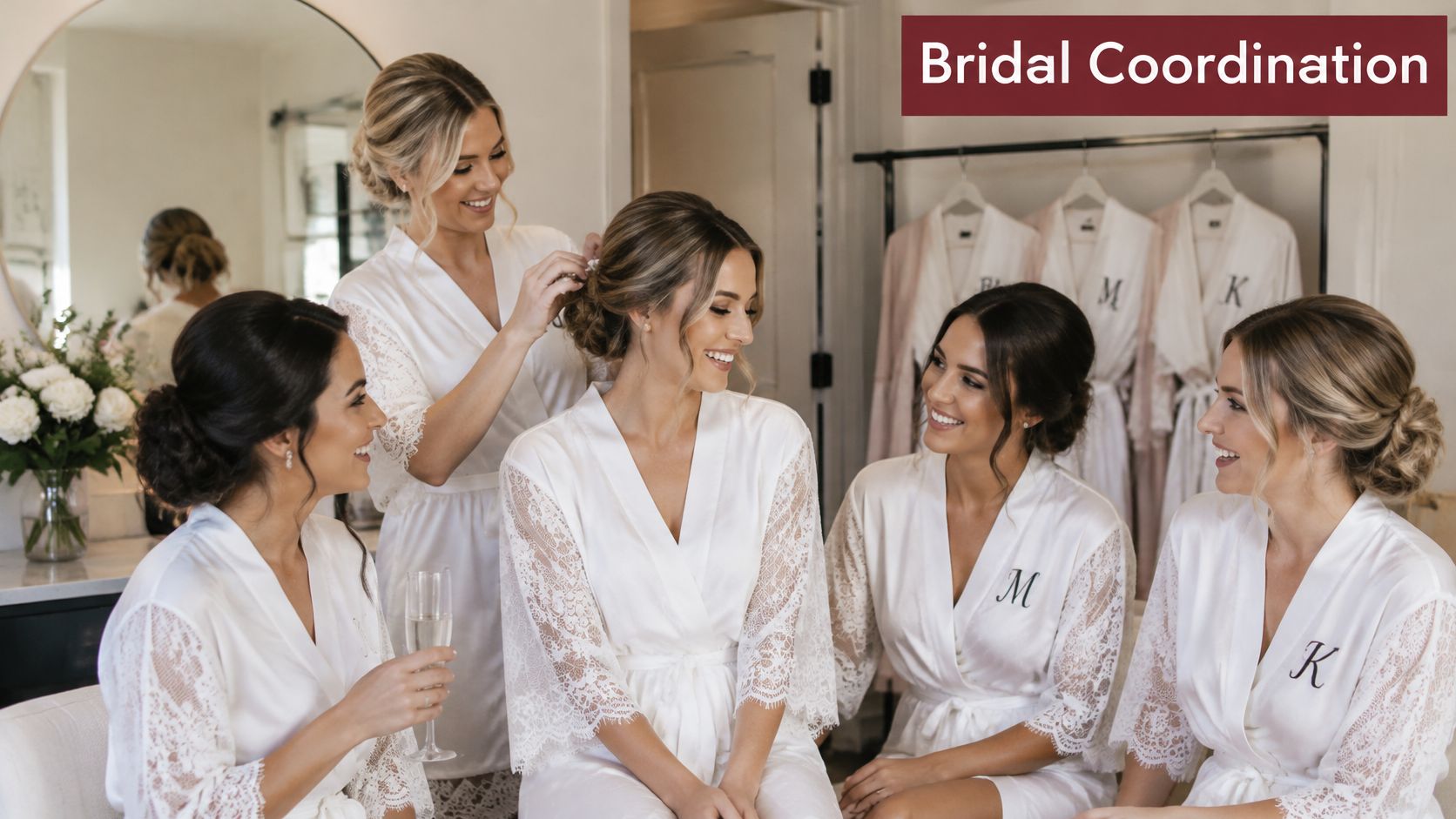 A happy bride with her bridesmaids wearing matching white lace robes while preparing for the wedding.