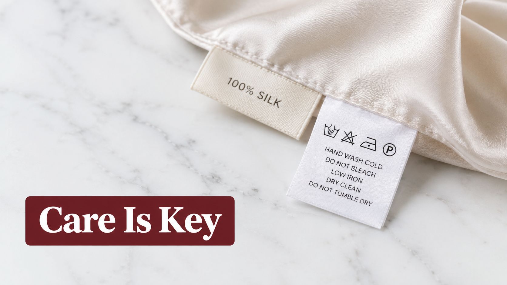 A close up of a white silk robe care label on a marble surface with cleaning instructions.