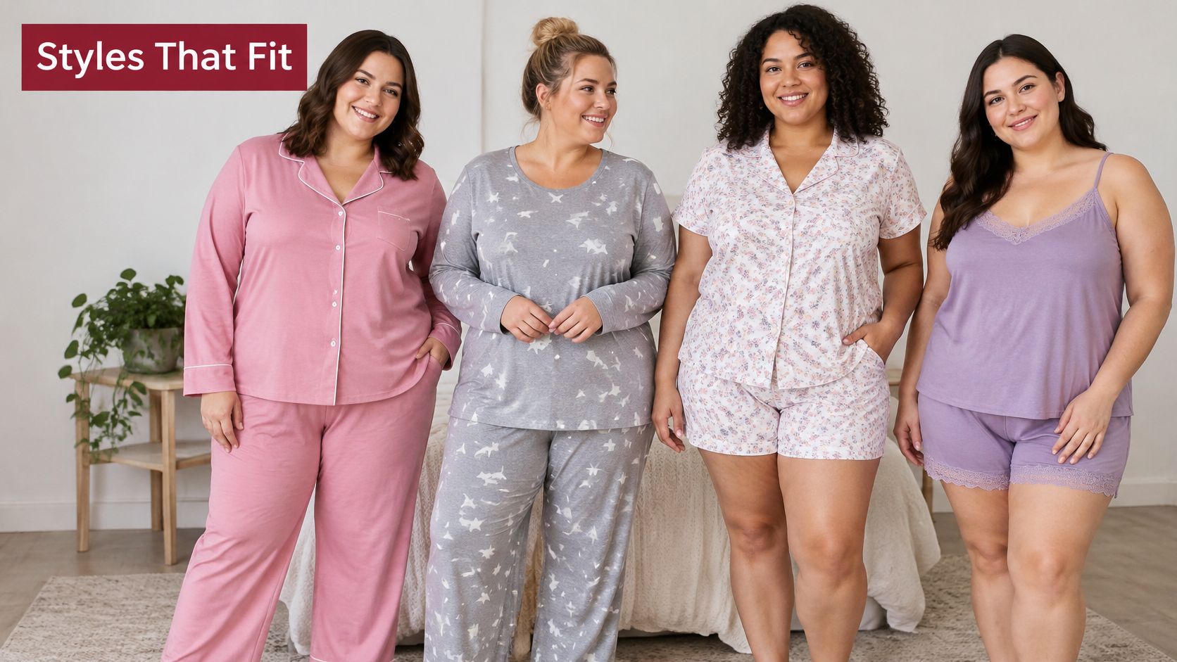 Four diverse women wearing comfortable plus size pyjama sets standing together in a bright bedroom.