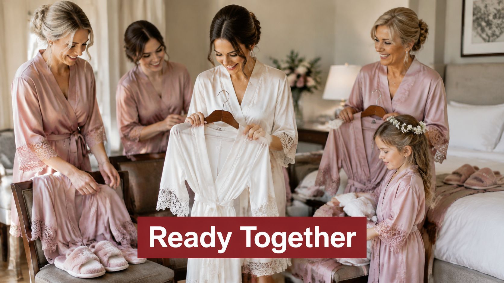 A bride showing a white robe to her bridesmaids and flower girl in a light-filled hotel room.