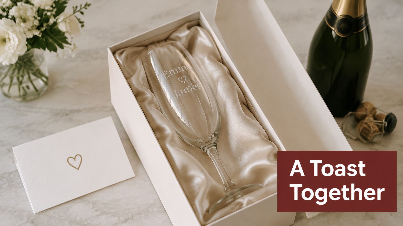 A luxurious proposal box containing an engraved champagne flute, a heart greeting card, and a champagne bottle.