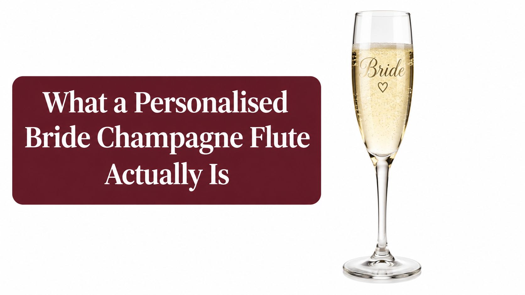 A tall, elegant champagne flute filled with sparkling wine, featuring the word Bride and a heart design.