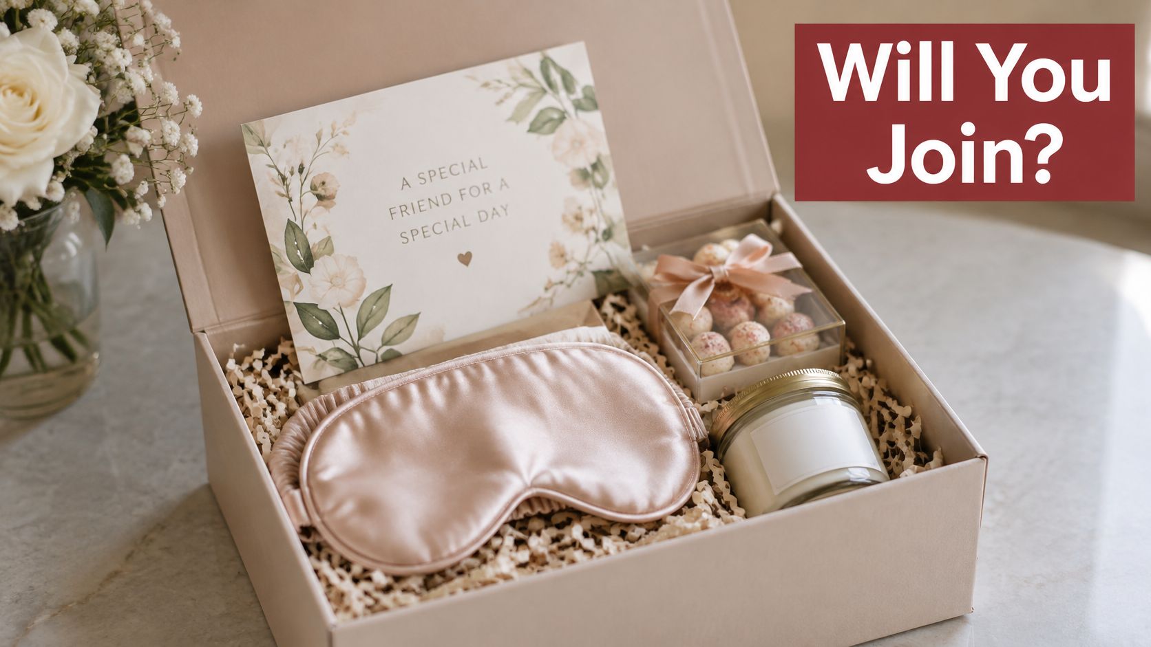 A thoughtfully curated gift box containing a silk eye mask, scented candle, sweets, and a greeting card.