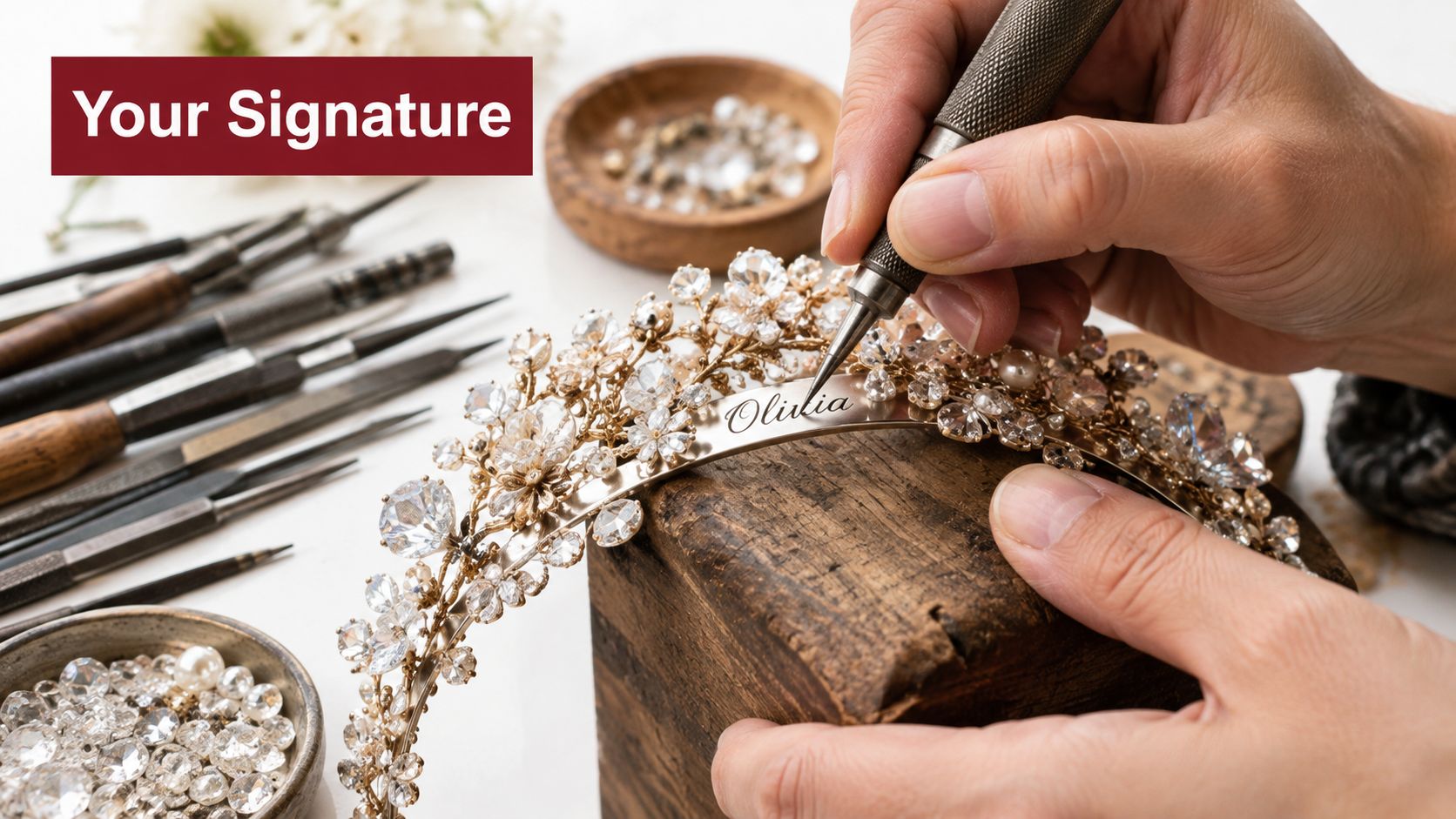 A close-up view of a jeweler hand-engraving the name Olivia onto a decorative floral bridal tiara.