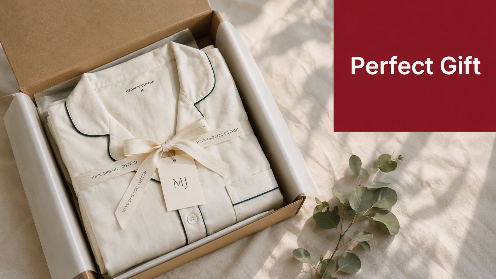A neatly folded set of cream-colored organic cotton pajamas in a gift box with a tag.