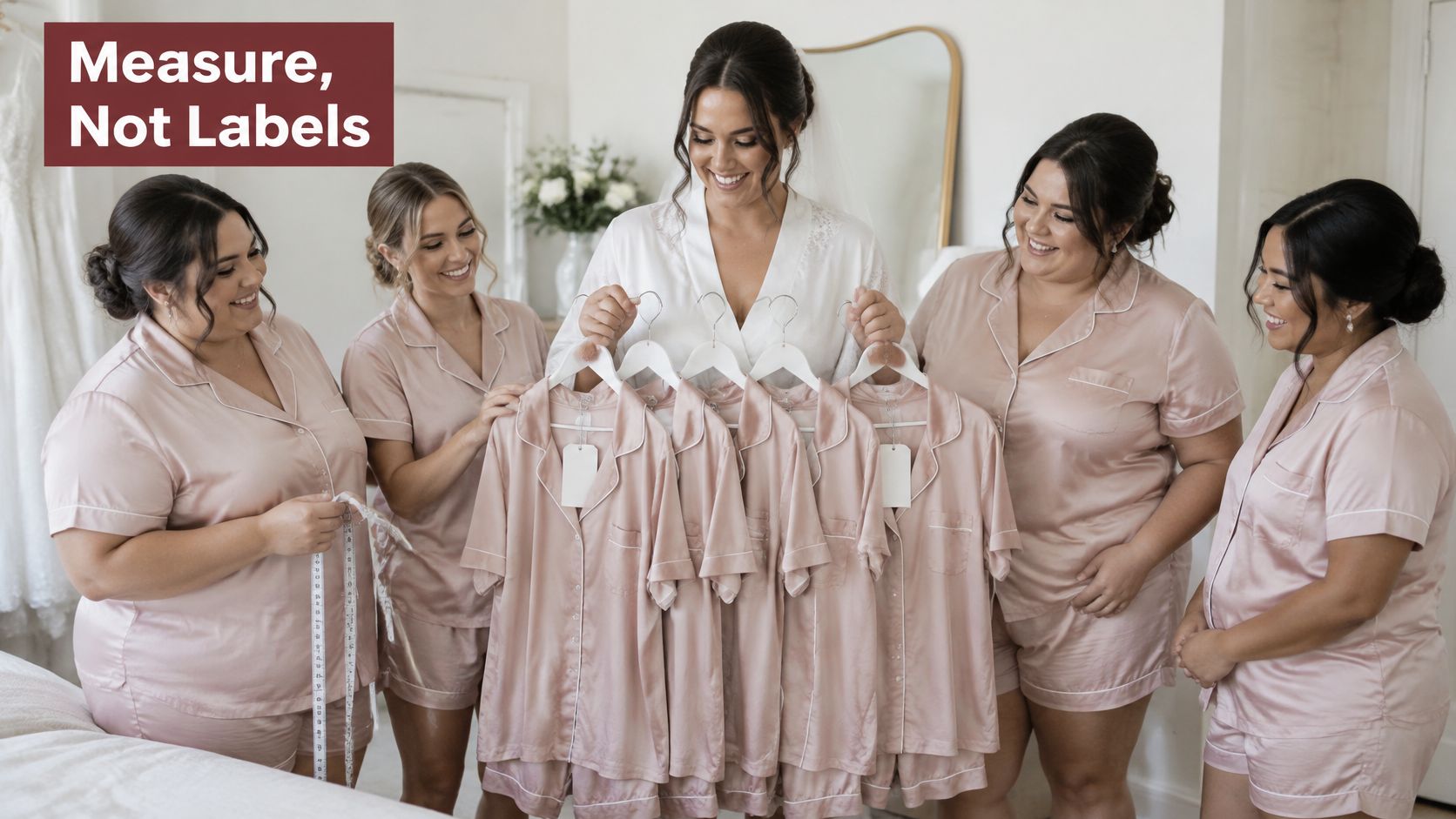 A bride and her bridesmaids in matching silk pyjamas holding up clothing hangers in a bedroom.