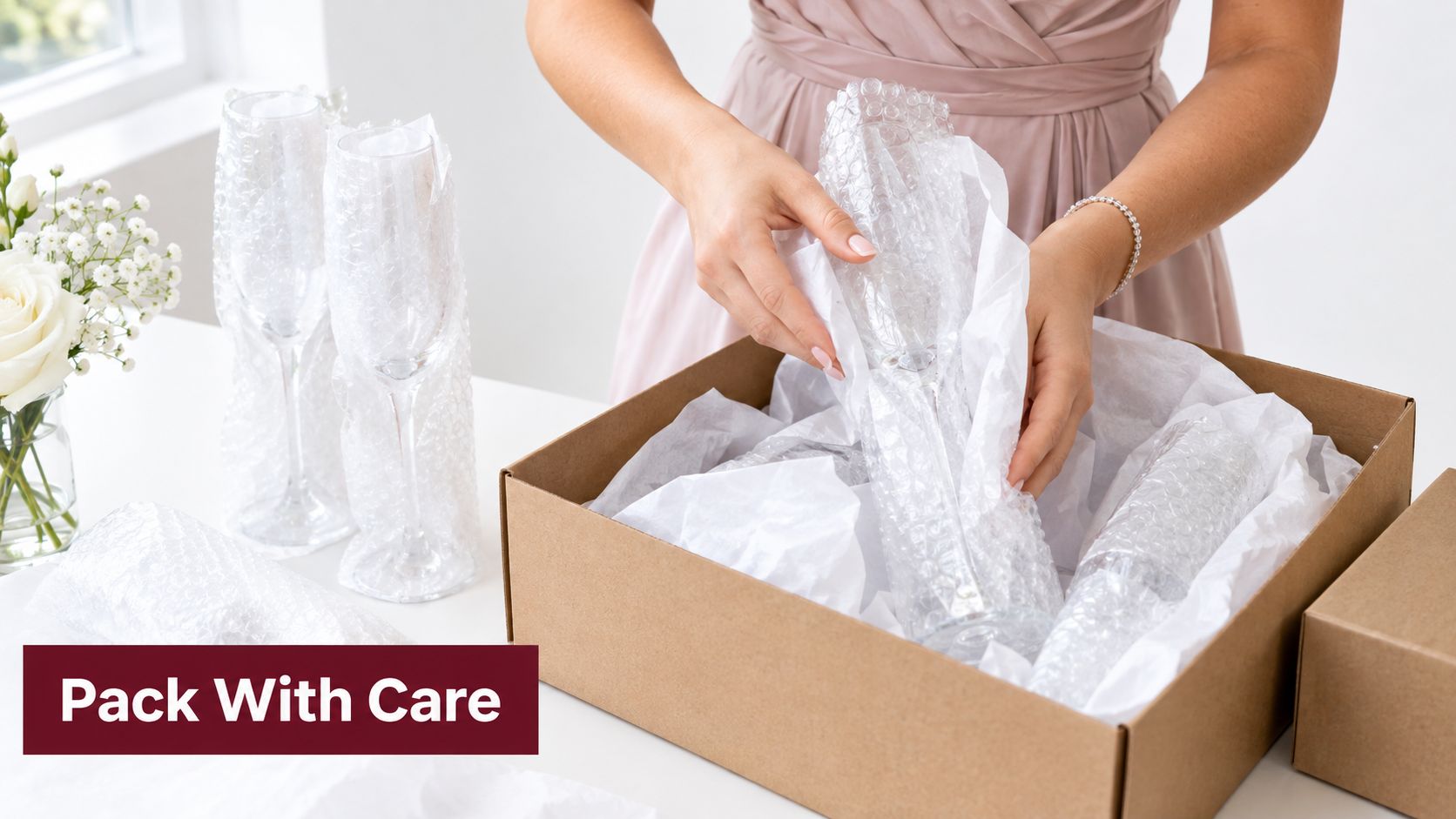 A person carefully wrapping elegant champagne flutes in tissue paper and bubble wrap for safe shipping.