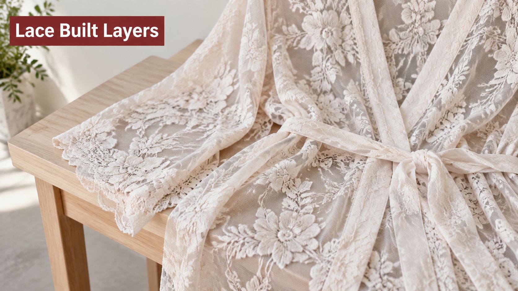 A luxurious floral lace robe draped gracefully over a wooden table in soft, natural sunlight.
