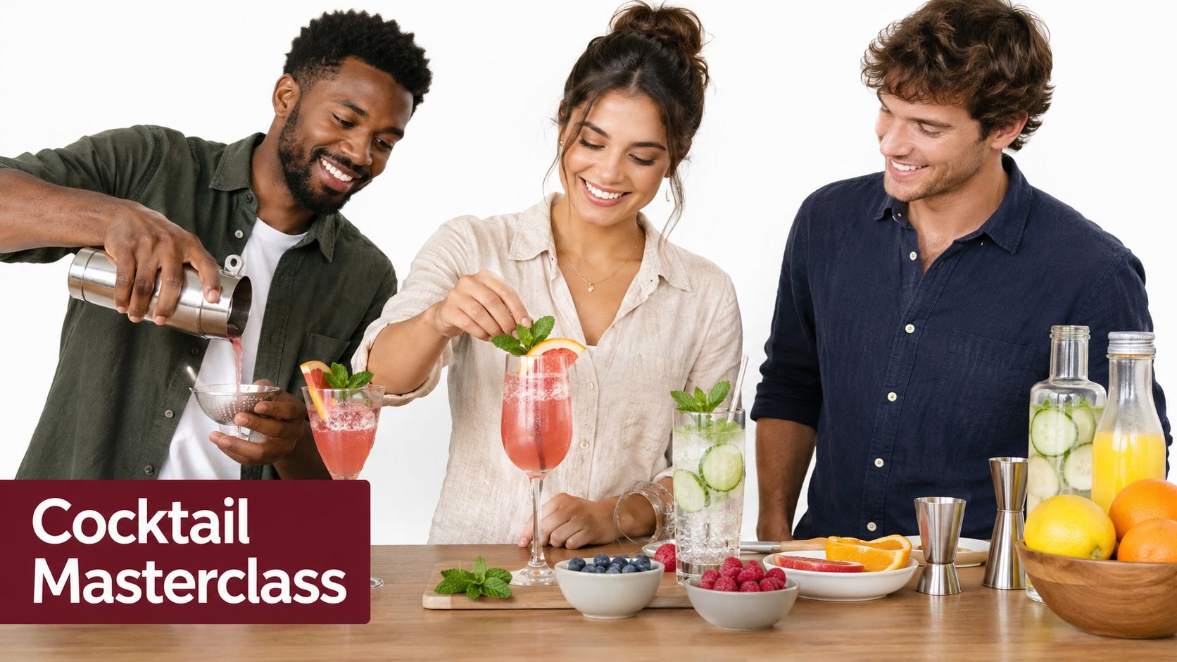 Three happy friends learning to mix colorful cocktails together during an engaging interactive cocktail making masterclass.