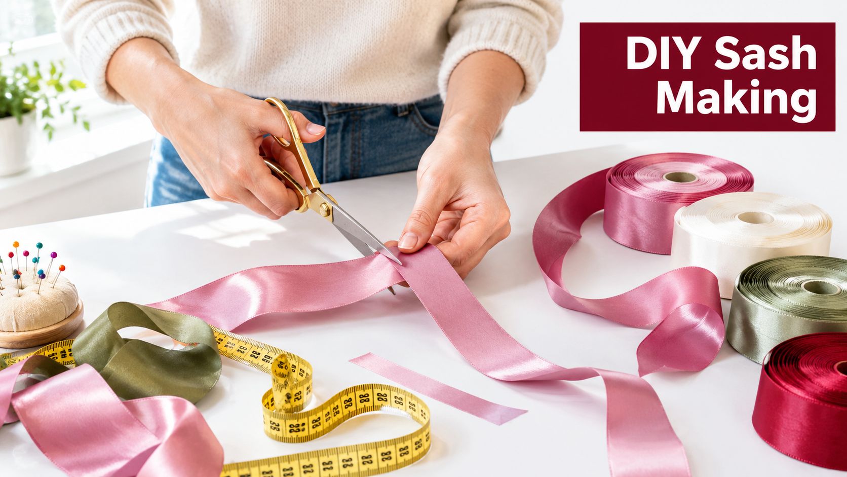A person cutting a satin ribbon to make custom DIY sashes for an event or party.