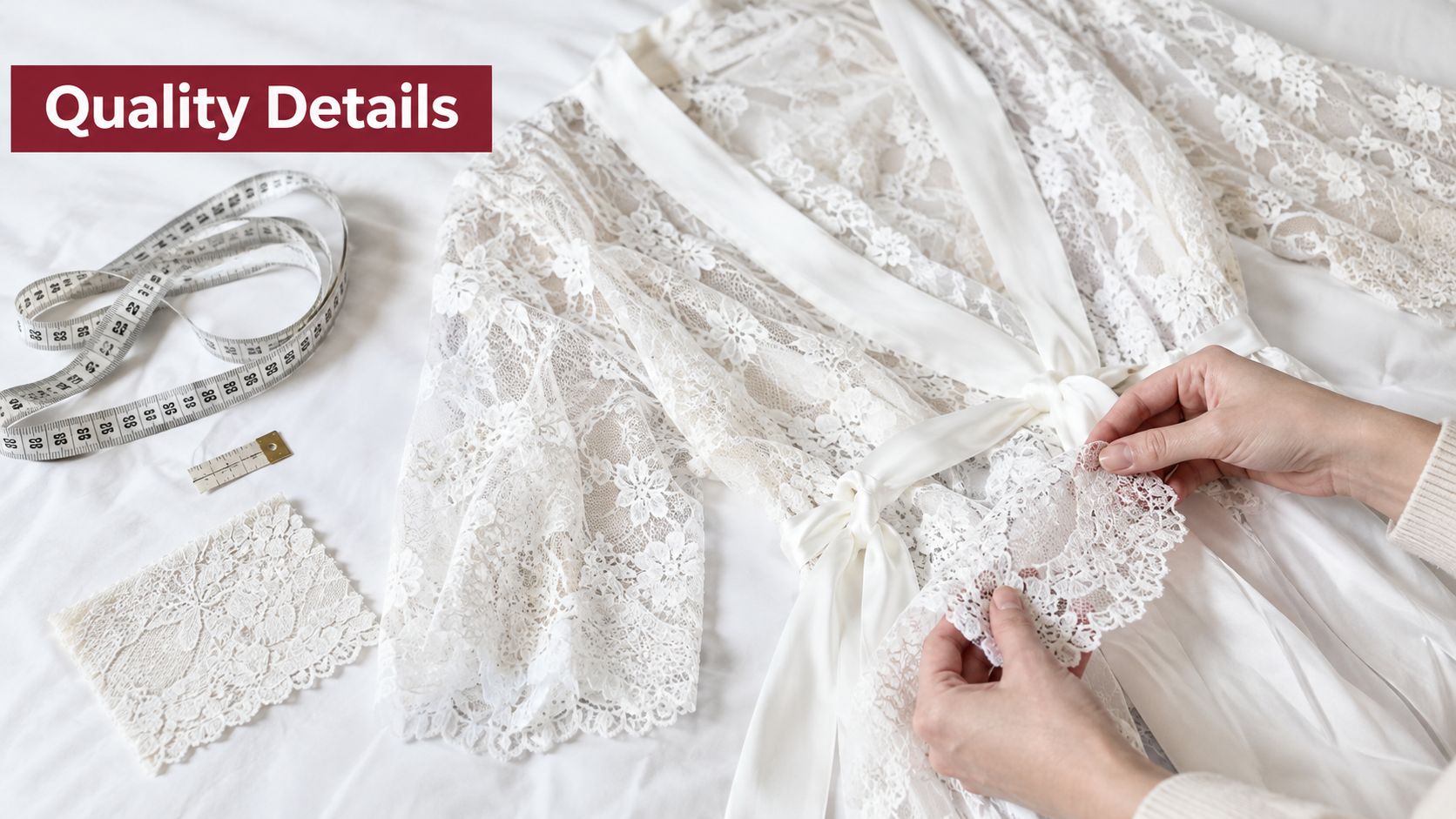 A pair of hands examining the fine lace detailing on a delicate white lace bridal robe.