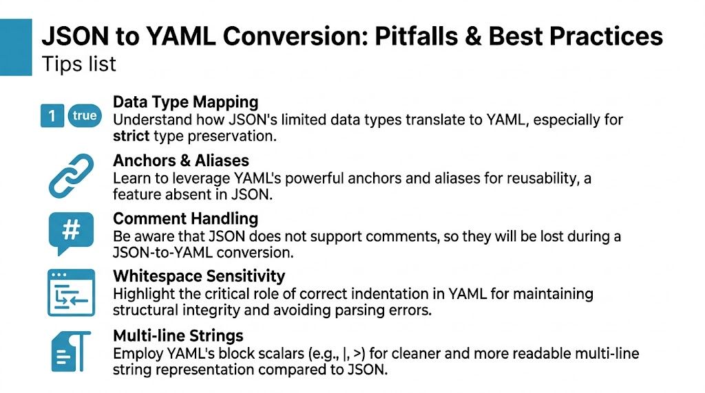 A list of five essential tips for converting JSON data to YAML format successfully.
