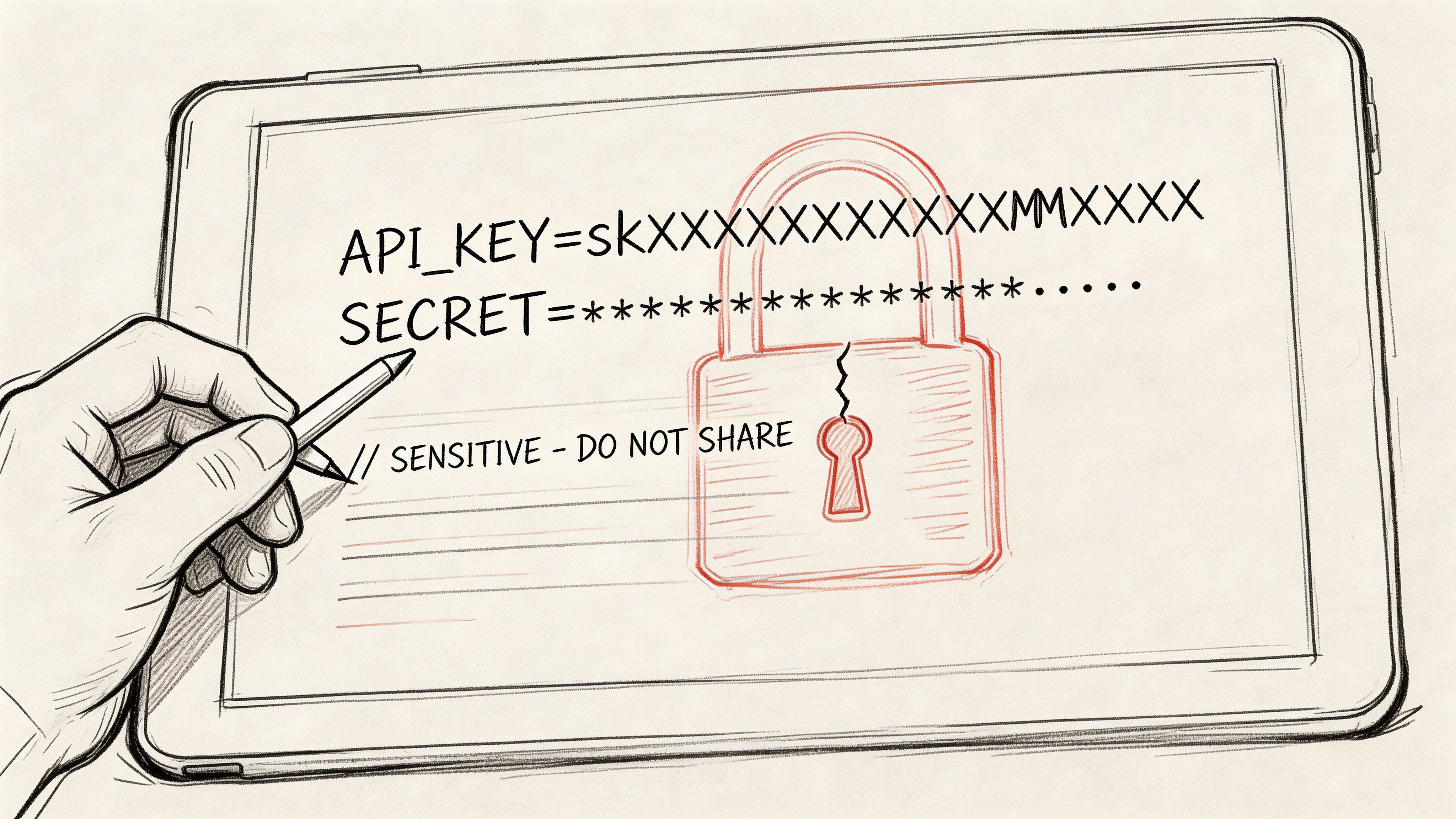 A hand holding a stylus sketching an API key and secret on a digital tablet with a lock.