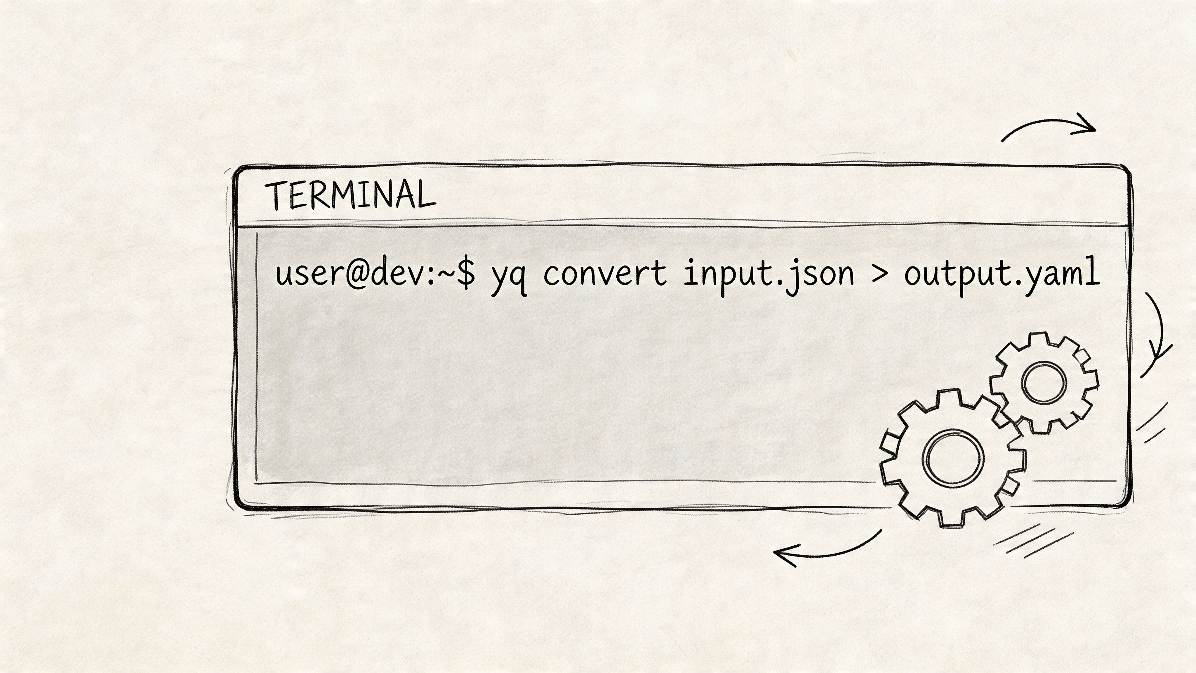 A hand-drawn terminal window showing a command to convert a JSON file into a YAML file.