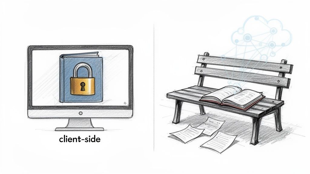 Illustration contrasting client-side secured data on a monitor with open data on a bench linked to a cloud.