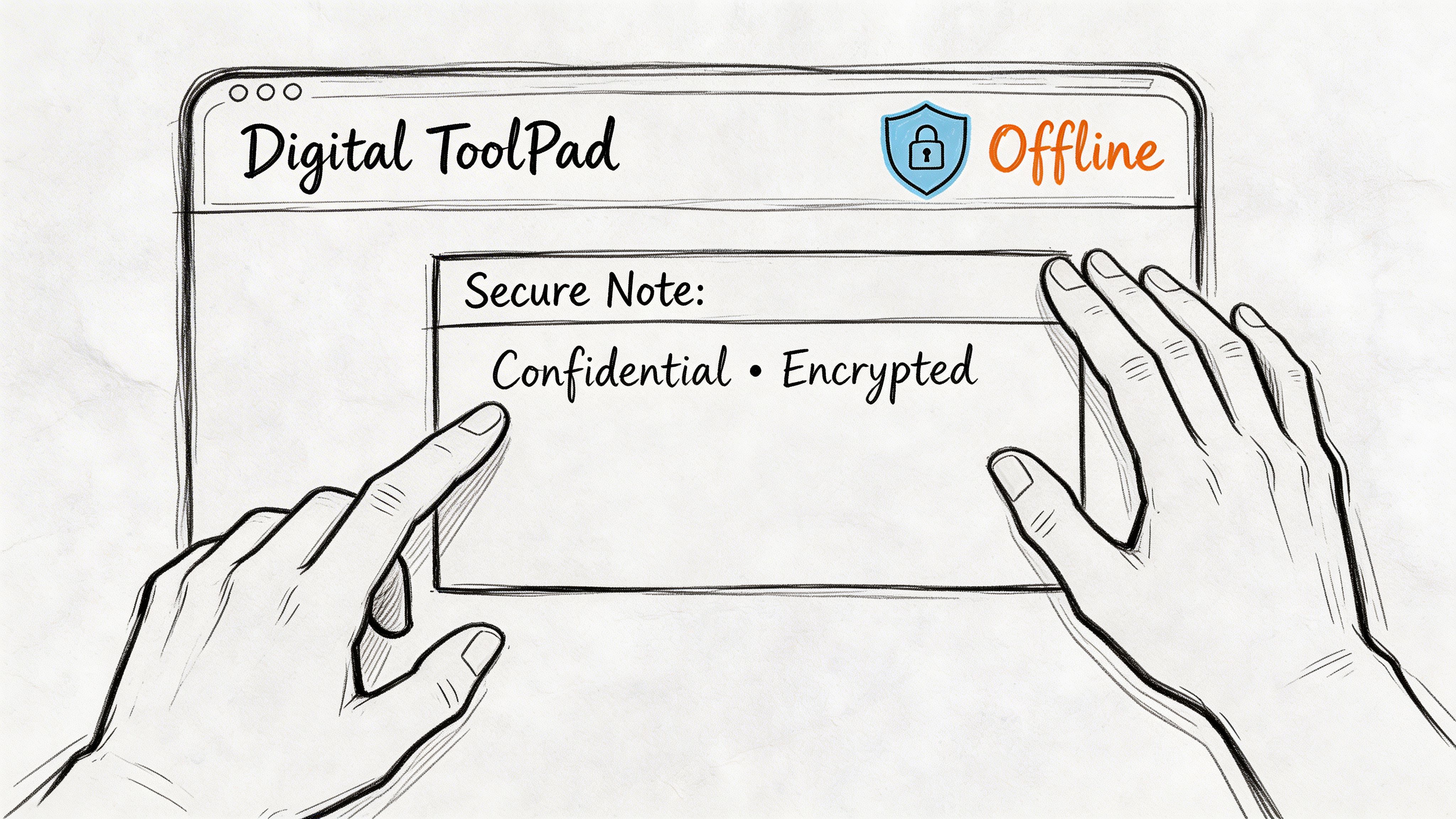 A hand touches a secure digital notepad showing confidential encrypted text on an offline device screen.