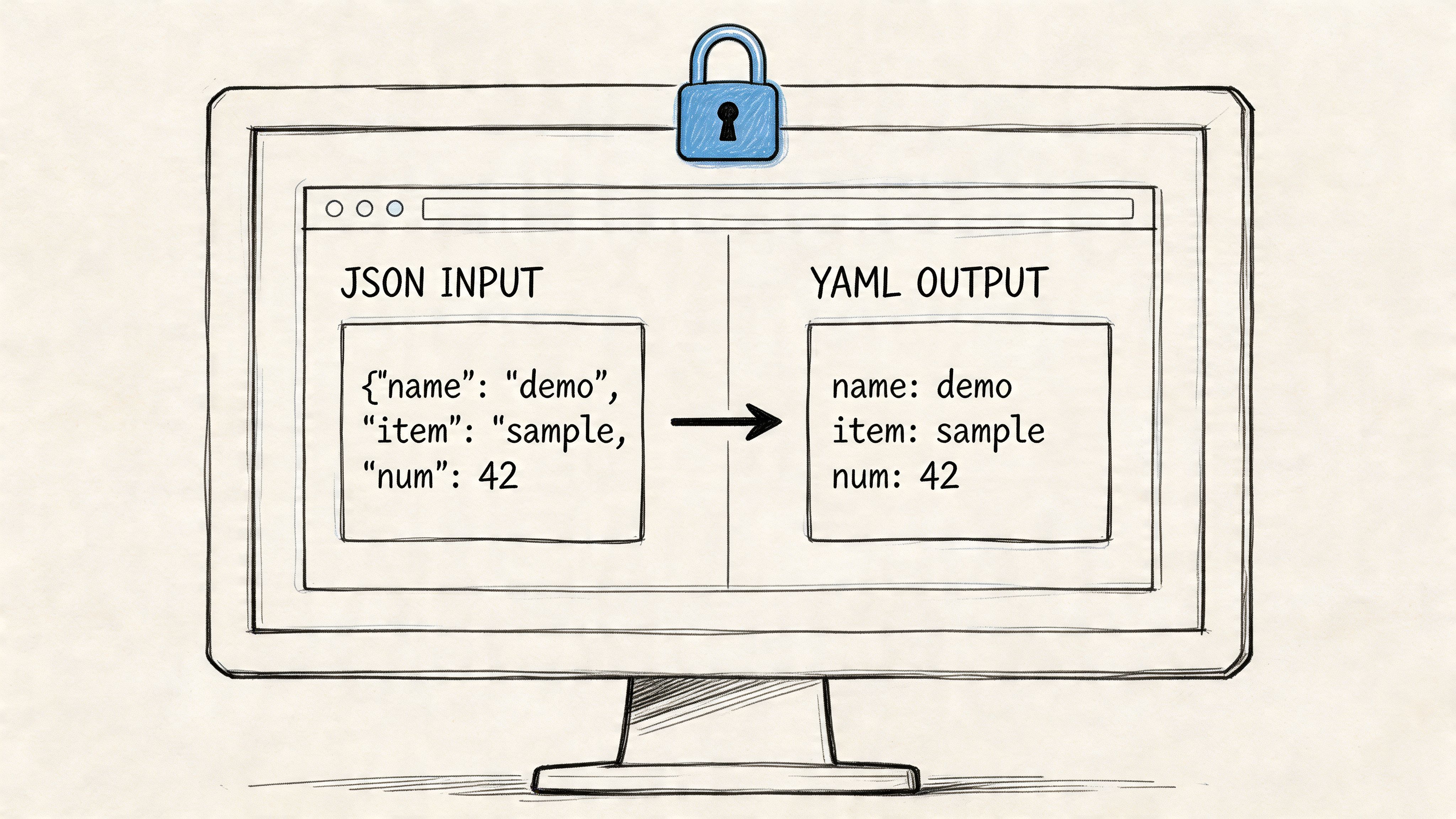 A sketched illustration of a computer monitor displaying a JSON to YAML data conversion tool.