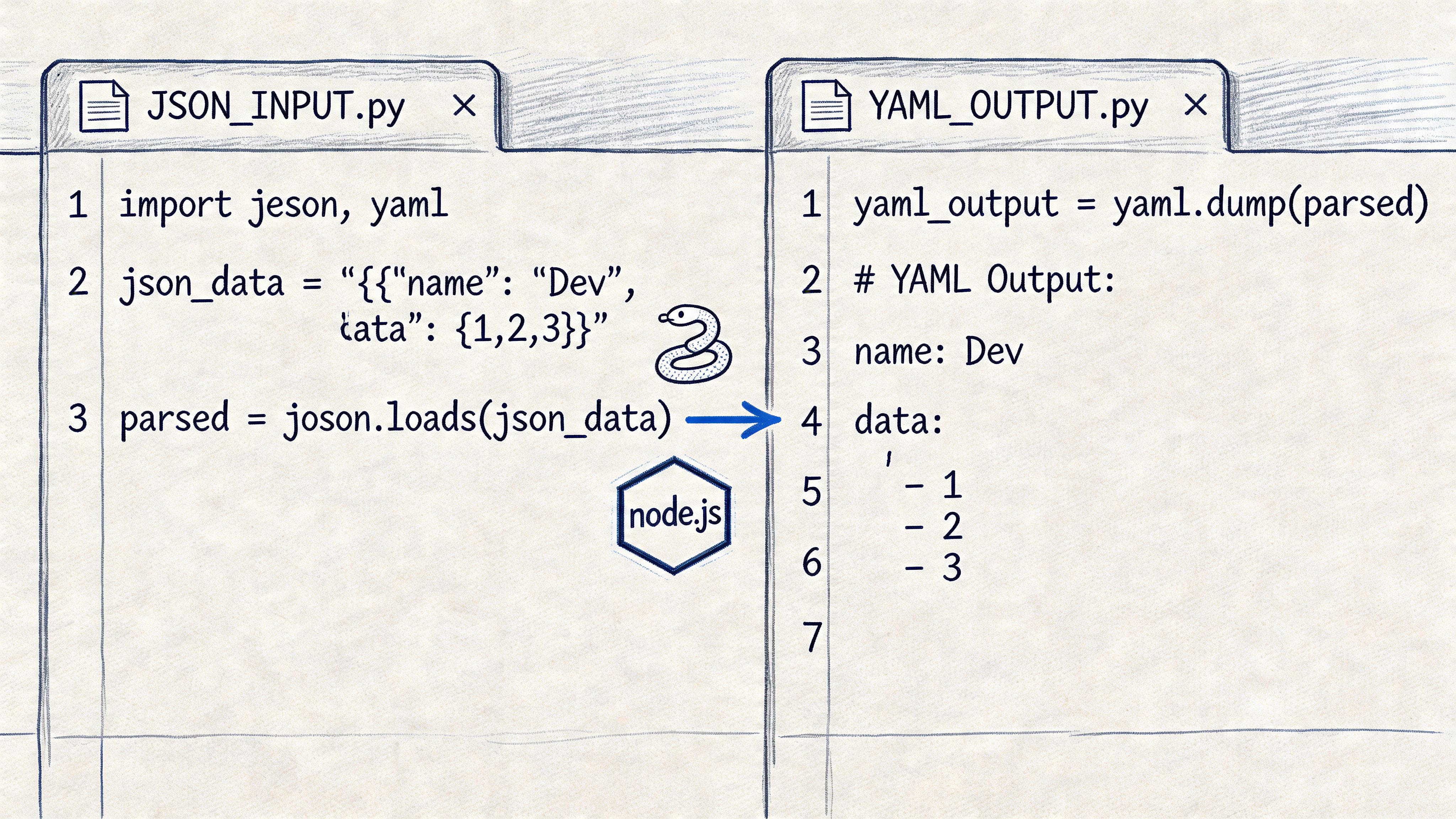 A hand-drawn illustration depicting a Python script converting JSON data input into a formatted YAML output.