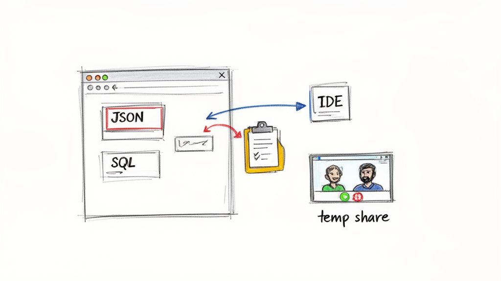 Diagram of collaborative coding workflow: browser with JSON/SQL, IDE, clipboard, and video sharing.